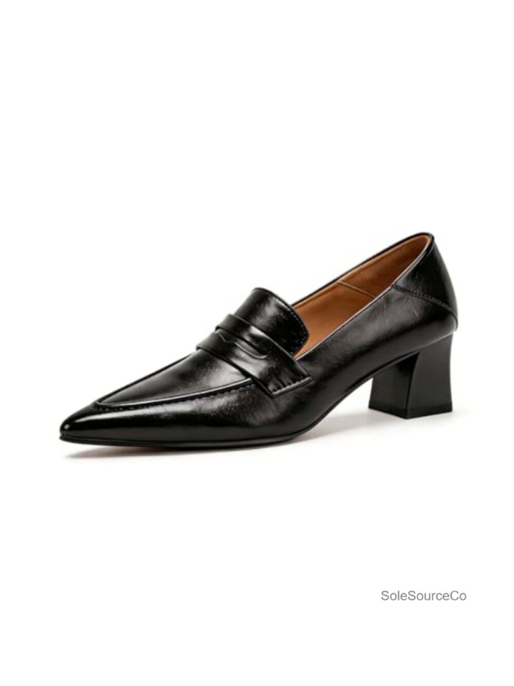 Genuine Leather Pointed Toe Chunky Heel Loafers Slip-On Dress Pumps Comfortable
